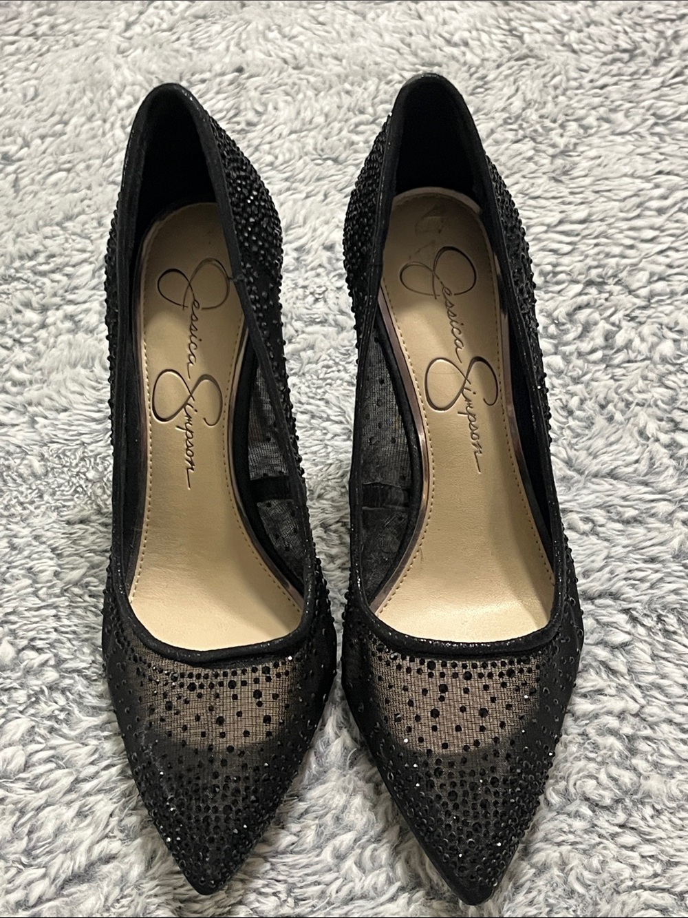 Jessica Simpson Black Mesh Pointed Rhinestone Heels
